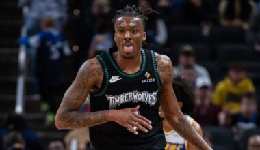 Apr 7, 2026; Indianapolis, Indiana, USA; Minnesota Timberwolves guard Bones Hyland (8) celebrates after a basket in the second half against the Indiana Pacers at Gainbridge Fieldhouse. Mandatory Credit: Trevor Ruszkowski-Imagn Images