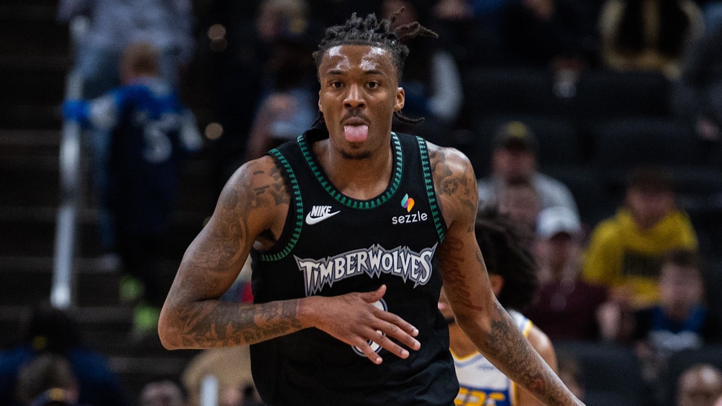 Apr 7, 2026; Indianapolis, Indiana, USA; Minnesota Timberwolves guard Bones Hyland (8) celebrates after a basket in the second half against the Indiana Pacers at Gainbridge Fieldhouse. Mandatory Credit: Trevor Ruszkowski-Imagn Images