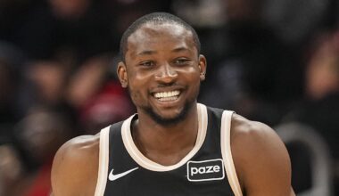 Atlanta Hawks forward Jonathan Kuminga (0) reacts after making a three point shot against the Washington Wizards during the first half at State Farm Arena on February 26, 2026.