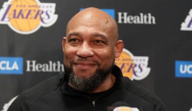 Apr 9, 2024; Los Angeles, California, USA; Los Angeles Lakers coach Darvin Ham at a press conference during the game against the Golden State Warriors at Crypto.com Arena. Mandatory Credit: Kirby Lee-Imagn Images