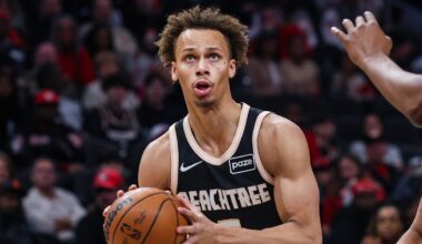 Jan 19, 2026; Atlanta, Georgia, USA; Atlanta Hawks guard Dyson Daniels (5) looks to the basket for a shot against the Milwaukee Bucks during the first quarter at State Farm Arena. Mandatory Credit: Jordan Godfree-Imagn Images