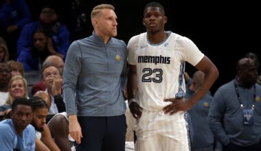 Apr 3, 2026; Memphis, Tennessee, USA; Memphis Grizzlies head coach Tuomas Iisalo talks with forward Cedric Coward (23) during the second quarter against the Toronto Raptors at FedExForum. Mandatory Credit: Petre Thomas-Imagn Images