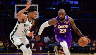 Jan 9, 2026; Los Angeles, California, USA; Los Angeles Lakers forward LeBron James (23) moves the ball against Milwaukee Bucks forward Giannis Antetokounmpo (34) during the second half at Crypto.com Arena. Mandatory Credit: Gary A. Vasquez-Imagn Images