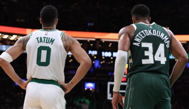Oct 28, 2024; Boston, Massachusetts, USA; Boston Celtics forward Jayson Tatum (0) and Milwaukee Bucks forward Giannis Antetokounmpo (34) look on during the second half at TD Garden. Mandatory Credit: Paul Rutherford-Imagn Images