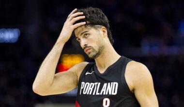 Oct 8, 2025; San Francisco, California, USA;  Portland Trail Blazers forward Deni Avdija (8) reacts during the second quarter against the Golden State Warriors at Chase Center. Mandatory Credit: John Hefti-Imagn Images