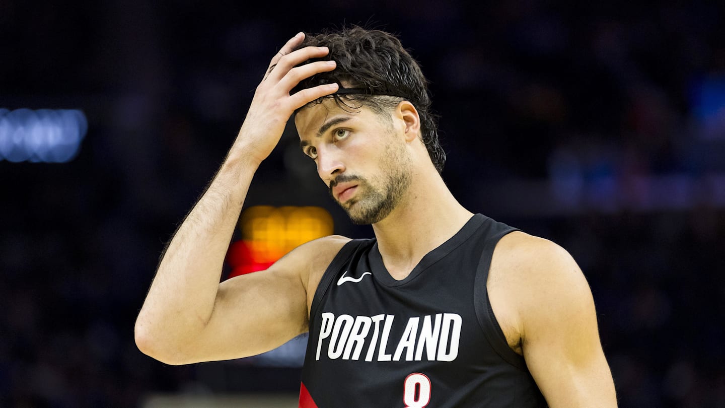 Oct 8, 2025; San Francisco, California, USA;  Portland Trail Blazers forward Deni Avdija (8) reacts during the second quarter against the Golden State Warriors at Chase Center. Mandatory Credit: John Hefti-Imagn Images