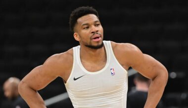 Apr 3, 2026; Milwaukee, Wisconsin, USA;  Milwaukee Bucks forward Giannis Antetokounmpo (34) warms up before the game against the Boston Celtics at Fiserv Forum. Mandatory Credit: Benny Sieu-Imagn Images