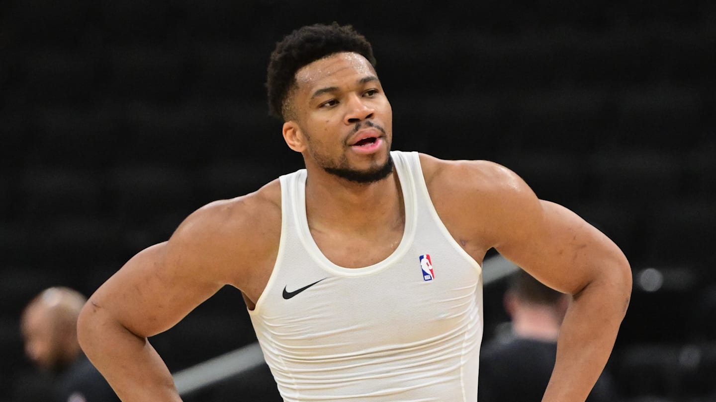 Apr 3, 2026; Milwaukee, Wisconsin, USA;  Milwaukee Bucks forward Giannis Antetokounmpo (34) warms up before the game against the Boston Celtics at Fiserv Forum. Mandatory Credit: Benny Sieu-Imagn Images