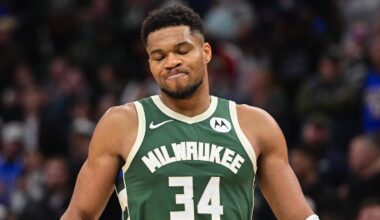 Nov 1, 2025; Milwaukee, Wisconsin, USA; Milwaukee Bucks forward Giannis Antetokounmpo (34) reacts after missing a shot late in the fourth quarter against the Sacramento Kings at Fiserv Forum. Mandatory Credit: Benny Sieu-Imagn Images
