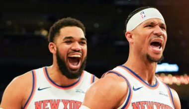 Apr 9, 2026; New York, New York, USA; New York Knicks center Karl-Anthony Towns (32) celebrates with New York Knicks guard Josh Hart (3) after Hart hit a three pointer late in the fourth quarter against the Boston Celtics at Madison Square Garden. Mandatory Credit: Lucas Boland-Imagn Images