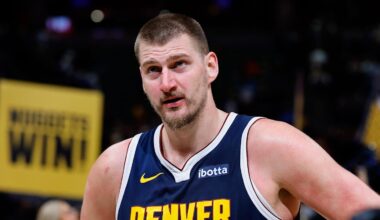 Mar 18, 2026; Memphis, Tennessee, USA; Denver Nuggets center Nikola Jokic (15) reacts during the second quarter against the Memphis Grizzlies at FedExForum. Mandatory Credit: Petre Thomas-Imagn Images