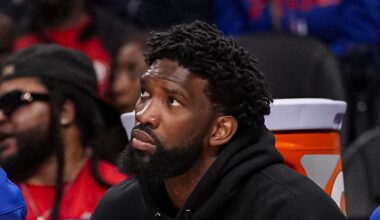 Mar 7, 2026; Atlanta, Georgia, USA; Philadelphia 76ers center/forward Joel Embiid (21) shown on the bench during the game against the Atlanta Hawks during the first half at State Farm Arena. Mandatory Credit: Dale Zanine-Imagn Images