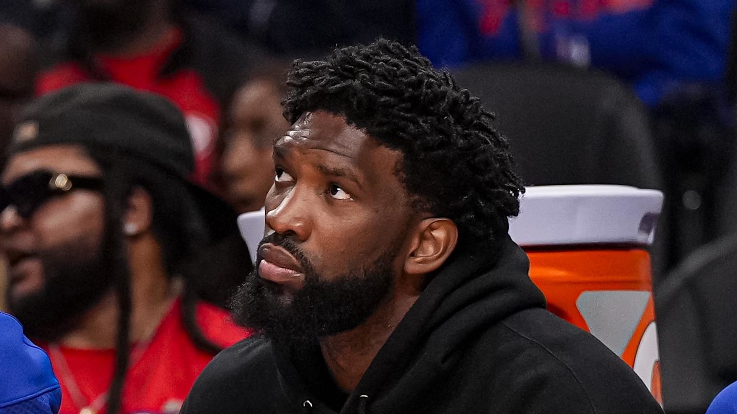 Mar 7, 2026; Atlanta, Georgia, USA; Philadelphia 76ers center/forward Joel Embiid (21) shown on the bench during the game against the Atlanta Hawks during the first half at State Farm Arena. Mandatory Credit: Dale Zanine-Imagn Images