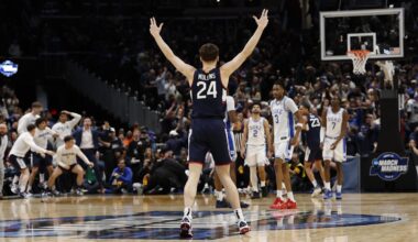 Mar 29, 2026; Washington, DC, USA; UConn Huskies guard Braylon Mullins (24) celebrates after making the game-winning three-point basket against the Duke Blue Devils in the second half during an Elite Eight game of the East Regional of the men's 2026 NCAA Tournament at Capital One Arena. Mandatory Credit: Geoff Burke-Imagn Images