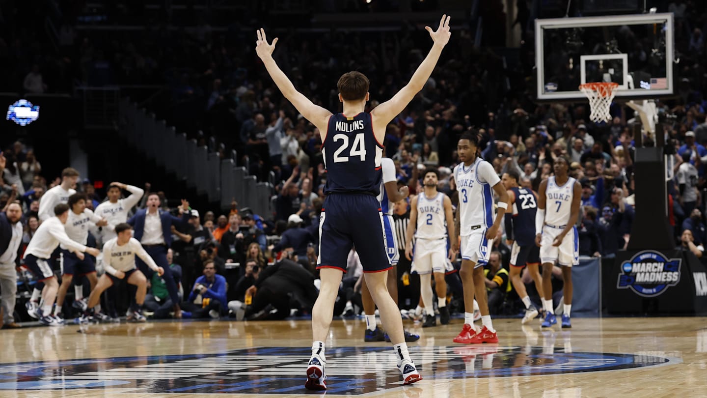 Mar 29, 2026; Washington, DC, USA; UConn Huskies guard Braylon Mullins (24) celebrates after making the game-winning three-point basket against the Duke Blue Devils in the second half during an Elite Eight game of the East Regional of the men's 2026 NCAA Tournament at Capital One Arena. Mandatory Credit: Geoff Burke-Imagn Images