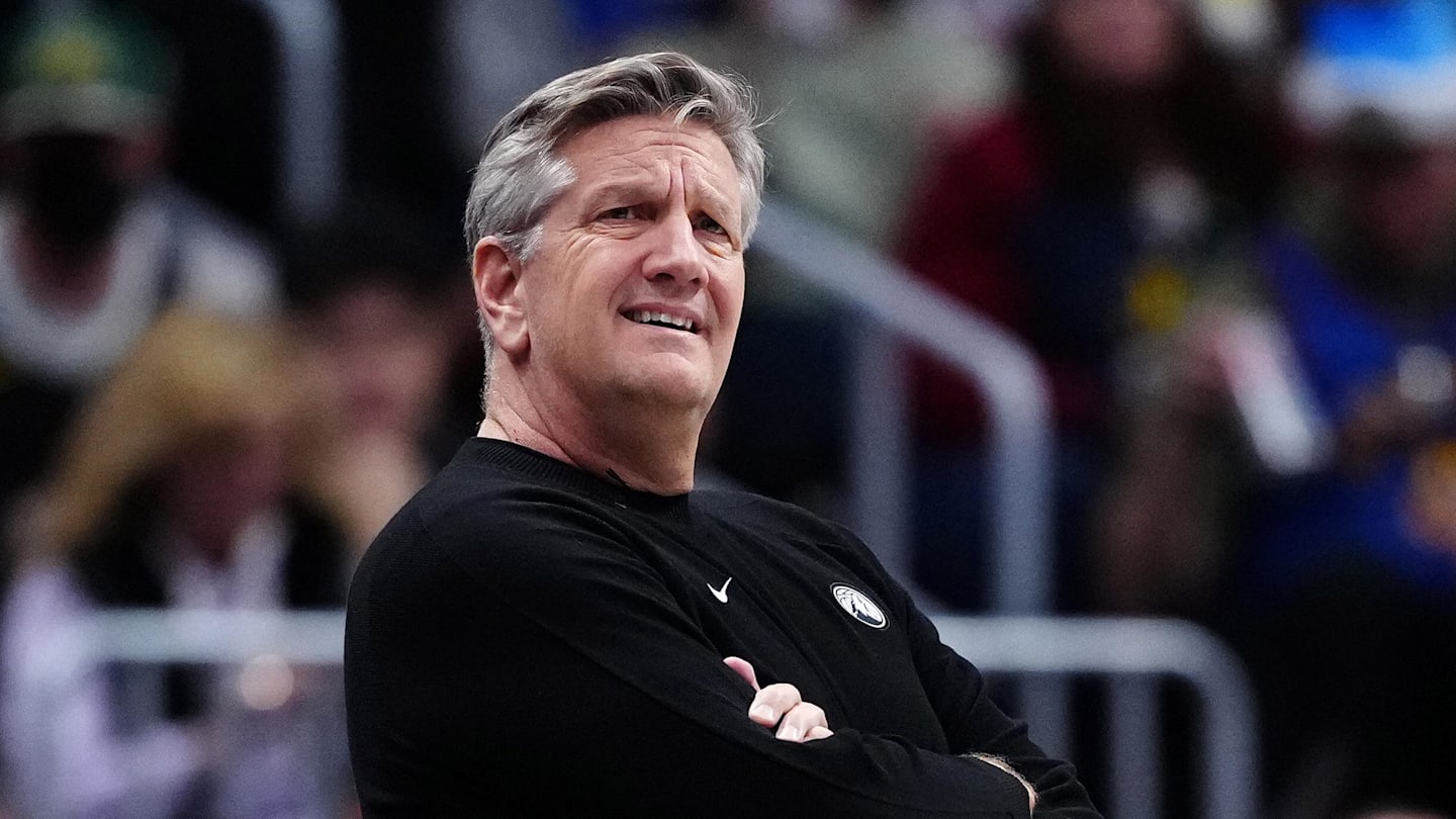 Dec 25, 2025; Denver, Colorado, USA; Minnesota Timberwolves head coach Chris Finch reacts against the Denver Nuggets during the first half at Ball Arena. Mandatory Credit: Ron Chenoy-Imagn Images