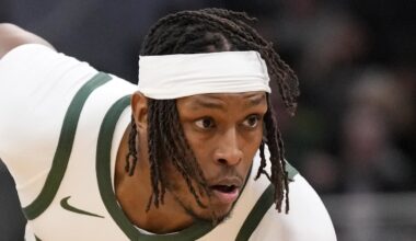 Milwaukee Bucks center Myles Turner (3) holds the ball away from Phoenix Suns forward Royce O’Neal (00) during the first quarter at Fiserv Forum on March 10, 2026.