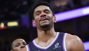 Apr 7, 2026; San Francisco, California, USA;  Sacramento Kings center Dylan Cardwell (32) smiles after getting called for a foul against the Golden State Warriors in the fourth quarter at Chase Center. Mandatory Credit: David Gonzales-Imagn Images