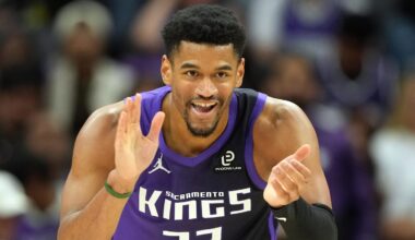 Apr 3, 2026; Sacramento, California, USA; Sacramento Kings center Dylan Cardwell (32) during the third quarter against the New Orleans Pelicans at Golden 1 Center. Mandatory Credit: Darren Yamashita-Imagn Images