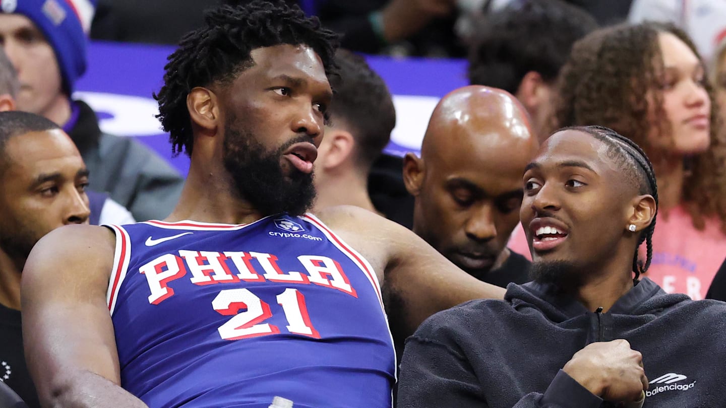 Mar 25, 2026; Philadelphia, Pennsylvania, USA; Philadelphia 76ers center Joel Embiid (21) and Tyrese Maxey (R) talk on the bench during the fourth quarter against the Chicago Bulls at Xfinity Mobile Arena. Mandatory Credit: Bill Streicher-Imagn Images