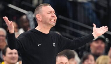 Apr 12, 2026; San Antonio, Texas, USA; Denver Nuggets head coach Dave Adelman yells out to players during the second half against the San Antonio Spurs at Frost Bank Center. Mandatory Credit: Scott Wachter-Imagn Images