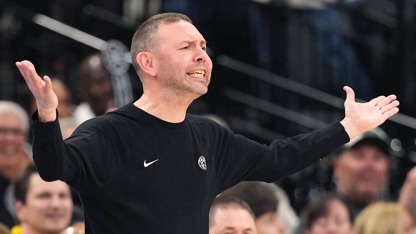 Apr 12, 2026; San Antonio, Texas, USA; Denver Nuggets head coach Dave Adelman yells out to players during the second half against the San Antonio Spurs at Frost Bank Center. Mandatory Credit: Scott Wachter-Imagn Images