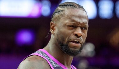 Feb 20, 2026; Minneapolis, Minnesota, USA; Minnesota Timberwolves forward Julius Randle (30) talks with referee Josh Tiven (58) in the fourth quarter against the Dallas Mavericks at Target Center. Mandatory Credit: Matt Blewett-Imagn Images