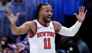 Mar 6, 2026; Denver, Colorado, USA; New York Knicks guard Jalen Brunson (11) reacts in the first quarter against the Denver Nuggets at Ball Arena. Mandatory Credit: Ron Chenoy-Imagn Images