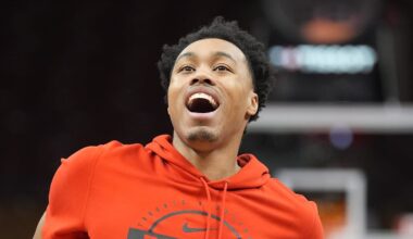 Feb 25, 2026; Toronto, Ontario, CAN; Toronto Raptors guard Scottie Barnes (4) smiles during warm up before a game against the San Antonio Spurs at Scotiabank Arena. Mandatory Credit: John E. Sokolowski-Imagn Images