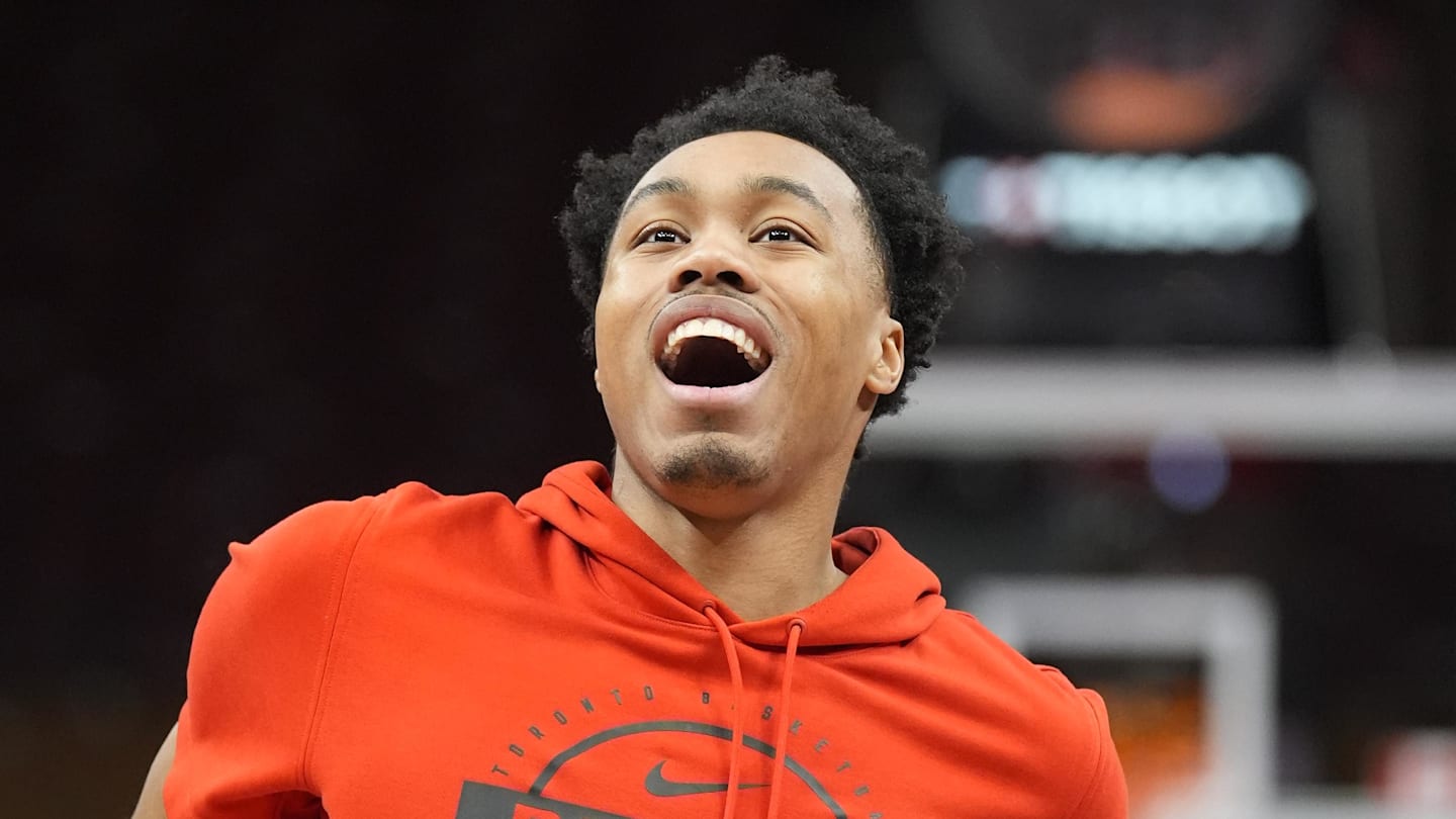 Feb 25, 2026; Toronto, Ontario, CAN; Toronto Raptors guard Scottie Barnes (4) smiles during warm up before a game against the San Antonio Spurs at Scotiabank Arena. Mandatory Credit: John E. Sokolowski-Imagn Images