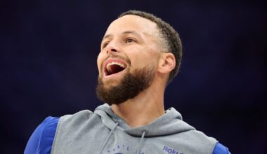 Apr 10, 2026; Sacramento, California, USA; Golden State Warriors guard Stephen Curry (30) reacts during warmups before the game against the Sacramento Kings at Golden 1 Center. Mandatory Credit: Robert Edwards-Imagn Images