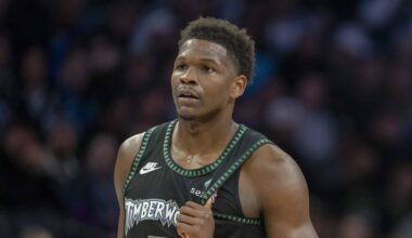 Mar 3, 2026; Minneapolis, Minnesota, USA; Minnesota Timberwolves guard Anthony Edwards (5) and guard Donte DiVincenzo (0) in the second half against the Memphis Grizzlies at Target Center. Mandatory Credit: Jesse Johnson-Imagn Images