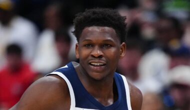 Mar 1, 2026; Denver, Colorado, USA; Minnesota Timberwolves guard Anthony Edwards (5) controls the ball in the second quarter against the Denver Nuggets at Ball Arena. Mandatory Credit: Ron Chenoy-Imagn Images