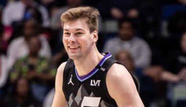 Apr 7, 2026; New Orleans, Louisiana, USA; Utah Jazz center Kyle Filipowski (22) reacts to a play against the New Orleans Pelicans during the first half at Smoothie King Center. Mandatory Credit: Stephen Lew-Imagn Images