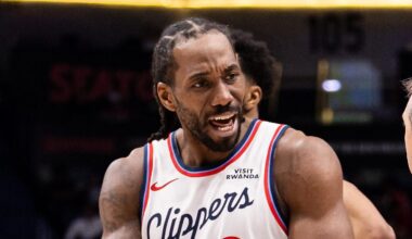 Mar 18, 2026; New Orleans, Louisiana, USA;  LA Clippers forward Kawhi Leonard (2) reacts to a call against the New Orleans Pelicans with referee Scott Twardoski (52) during second half at Smoothie King Center. Mandatory Credit: Stephen Lew-Imagn Images