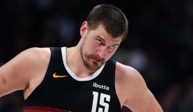 Mar 6, 2026; Denver, Colorado, USA; Denver Nuggets center Nikola Jokic (15) during the second quarter against the New York Knicks at Ball Arena. Mandatory Credit: Ron Chenoy-Imagn Images