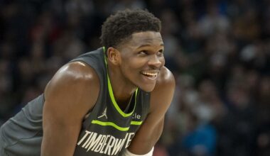 Jan 15, 2025; Minneapolis, Minnesota, USA; Minnesota Timberwolves guard Anthony Edwards (5) reacts in the second half against the Golden State Warriors at Target Center. Mandatory Credit: Jesse Johnson-Imagn Images