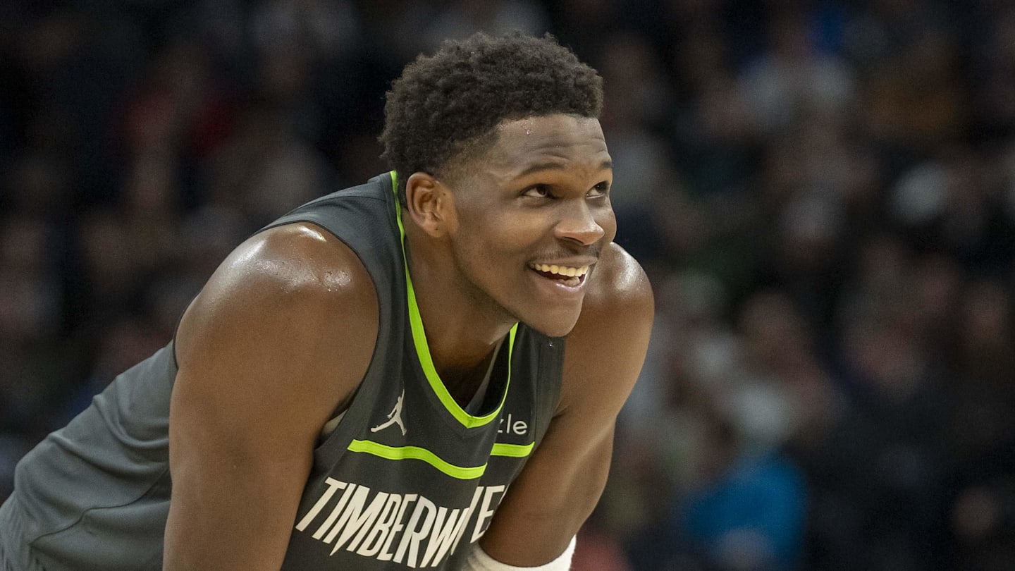 Jan 15, 2025; Minneapolis, Minnesota, USA; Minnesota Timberwolves guard Anthony Edwards (5) reacts in the second half against the Golden State Warriors at Target Center. Mandatory Credit: Jesse Johnson-Imagn Images