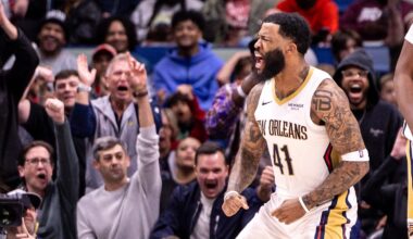 Dec 18, 2025; New Orleans, Louisiana, USA;  New Orleans Pelicans guard/forward Saddiq Bey (41) reacts to taking the lead in the game against the Houston Rockets during the second half at Smoothie King Center. Mandatory Credit: Stephen Lew-Imagn Images