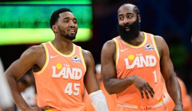 Mar 24, 2026; Cleveland, Ohio, USA; Cleveland Cavaliers guard Donovan Mitchell (45) and guard James Harden (1) talk during a free throw attempt during the second half against the Orlando Magic at Rocket Arena. Mandatory Credit: David Dermer-Imagn Images