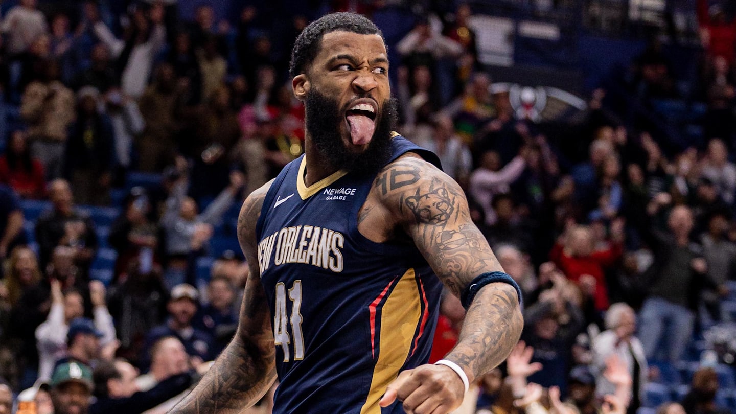 Jan 14, 2026; New Orleans, Louisiana, USA;  New Orleans Pelicans guard/forward Saddiq Bey (41) reacts to making a game leading dunk against the New Orleans Pelicans during the second half at Smoothie King Center. Mandatory Credit: Stephen Lew-Imagn Images