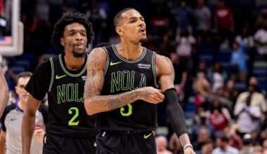 Mar 11, 2026; New Orleans, Louisiana, USA;  New Orleans Pelicans guard Dejounte Murray (5) makes comments in the direction of the Toronto Raptors bench after a play against guard Jamal Shead (23) during the second half at Smoothie King Center. Mandatory Credit: Stephen Lew-Imagn Images