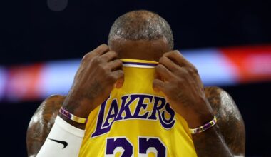 Los Angeles Lakers forward LeBron James (23) reacts against the Phoenix Suns at Mortgage Matchup Center on December 23, 2025.