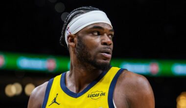 Jan 26, 2026; Atlanta, Georgia, USA; Indiana Pacers forward Jarace Walker (5) during the game against the Atlanta Hawks during the fourth quarter at State Farm Arena. Mandatory Credit: Jordan Godfree-Imagn Images