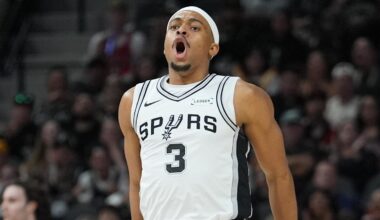 Mar 30, 2026; San Antonio, Texas, USA;  San Antonio Spurs forward Keldon Johnson (3) celebrates in the first half against the Chicago Bulls at Frost Bank Center. Mandatory Credit: Daniel Dunn-Imagn Images