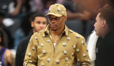 Apr 3, 2026; Sacramento, California, USA; Sacramento Kings guard Russell Westbrook (center) stands on the court during a timeout in the second quarter against the New Orleans Pelicans at Golden 1 Center. Mandatory Credit: Darren Yamashita-Imagn Images