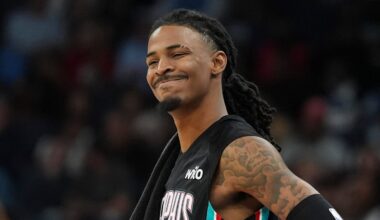 Grizzlies' Ja Morant (12) reacts during the home opener against the New Orleans Pelicans at FedExForum on October 22, 2025.