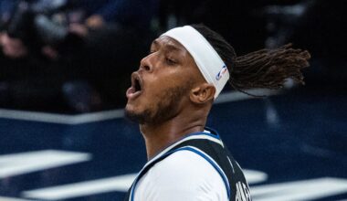 Milwaukee Bucks center/forward Myles Turner (3) celebrates a basket in the first half against the Indiana Pacers at Gainbridge Fieldhouse on November 3, 2025.
