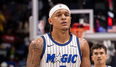 Apr 5, 2026; New Orleans, Louisiana, USA;  Orlando Magic forward Paolo Banchero (5) looks on against the New Orleans Pelicans during the second half at Smoothie King Center. Mandatory Credit: Stephen Lew-Imagn Images