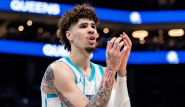 Mar 7, 2025; Charlotte, North Carolina, USA; Charlotte Hornets guard LaMelo Ball (1) reacts to a foul during the third quarter against the Cleveland Cavaliers at Spectrum Center. Mandatory Credit: Scott Kinser-Imagn Images